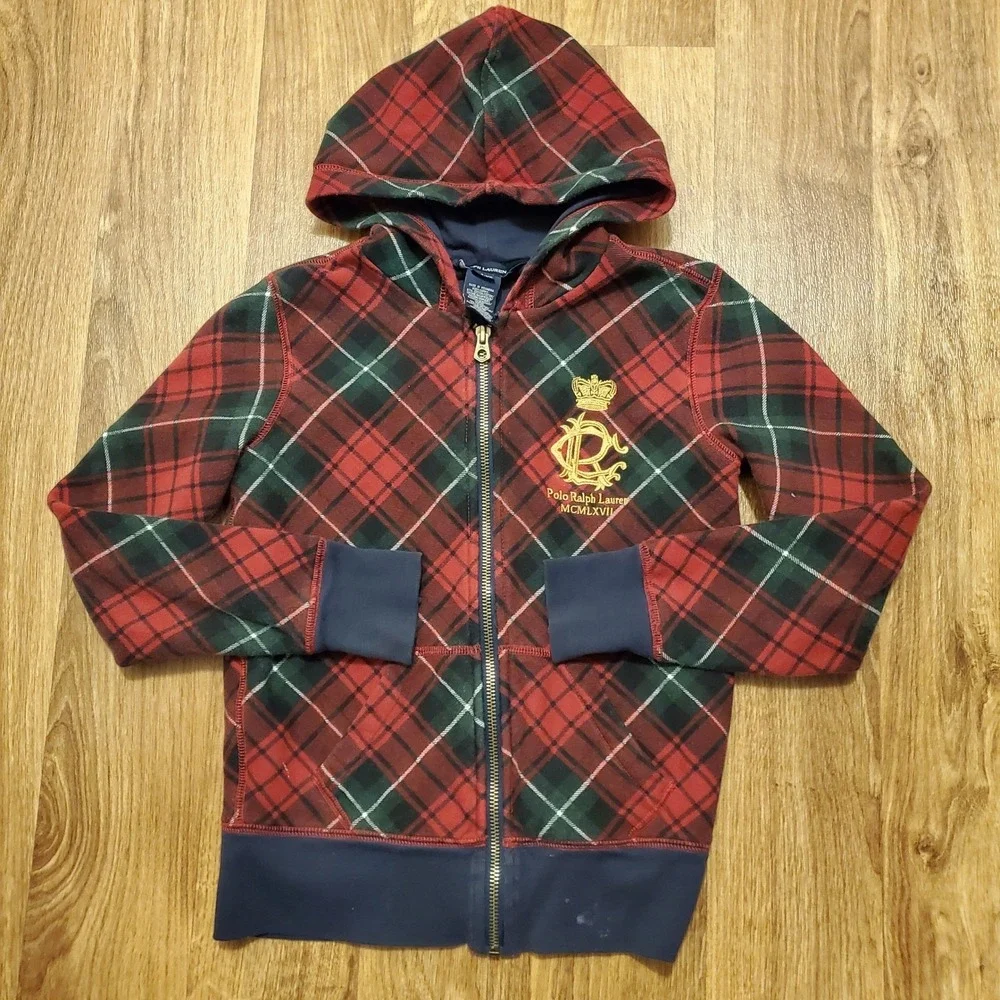 Vtg Polo Ralph Lauren Hoodie Jacket Boys 8/10 Red Plaid‎ Zip Up Crest Logo